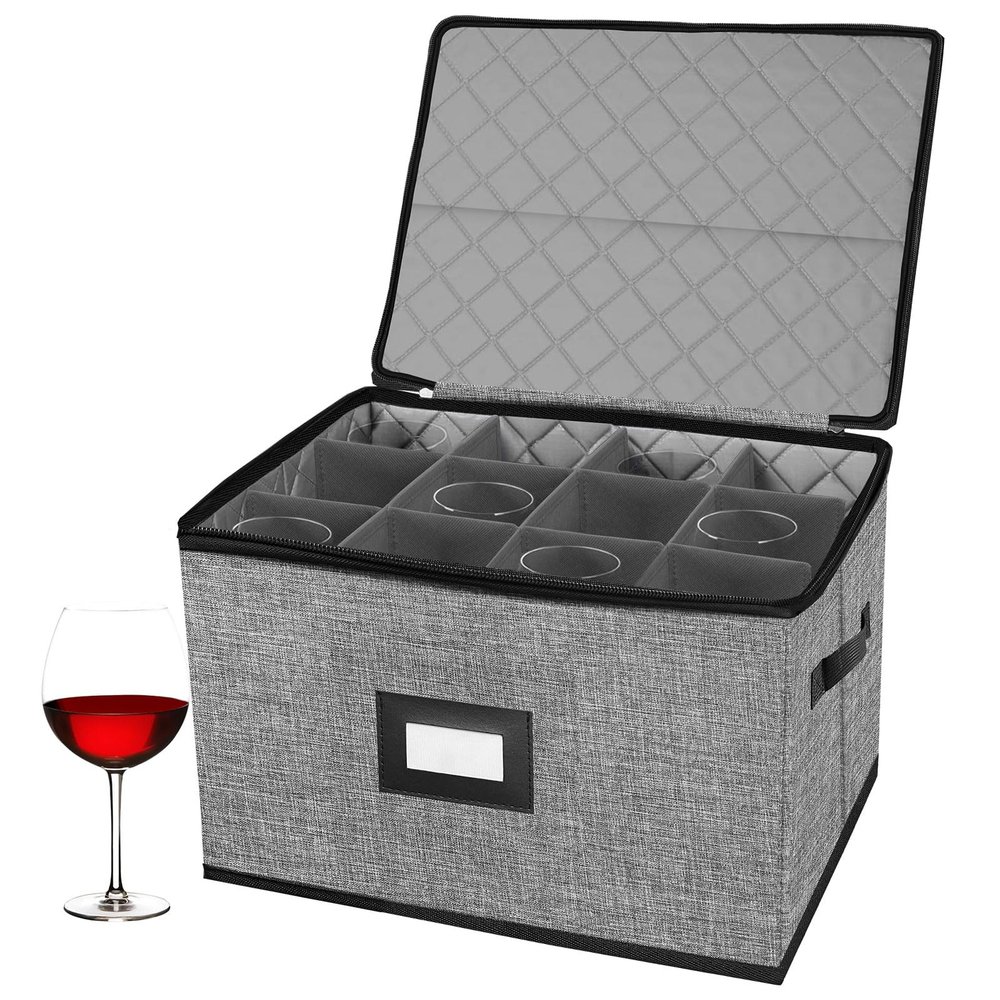 ouruer China Storage Containers hard shell-Quilted Wine Glass Storage Box,Moving Boxes,Storage Containers for Organizing,Stackable Stemware Storage Cases,Moving Supplies,Household Essentials