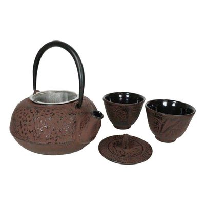1 Set Of Japanese Bamboo Forest Maroon Red Traditional Heavy Cast Iron Tea Pot and Cups