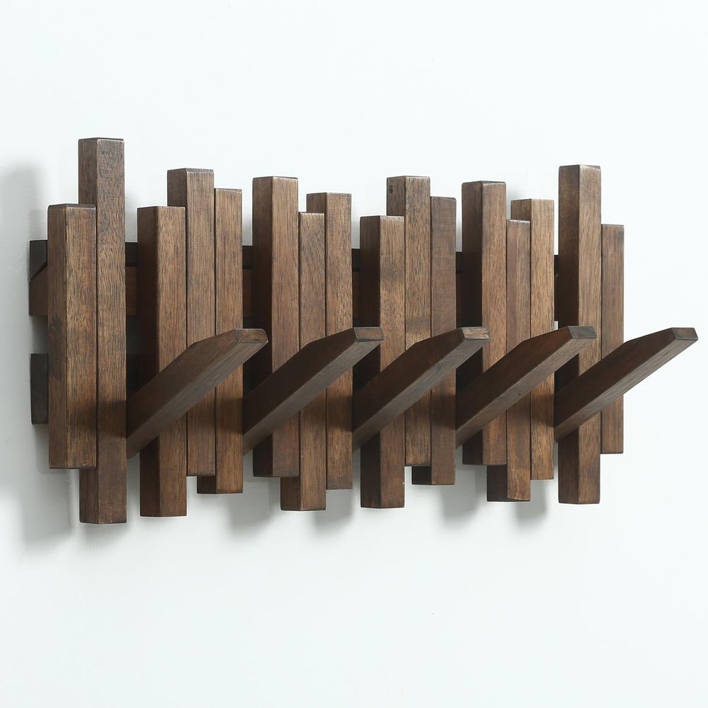 GOGREEBELL Natural Wood Wall Mounted Piano Coat Rack| Coat Rack Wall Mount| Flip Down Wall Hook Rack 5 Hooks| Entryway Coat Rack,Made of Acacia Wood (Walnut Color Dyed with Wood Wax Oil).Wall Art