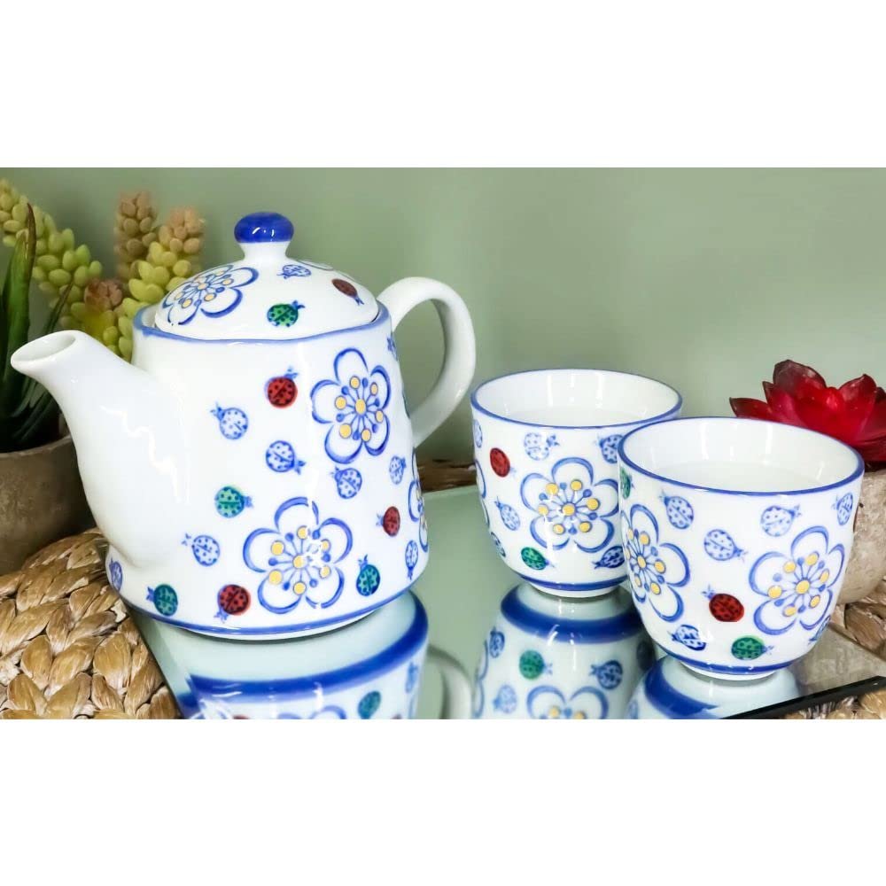 1 Set Of Colorful Ladybug & Flowers Pattern Glazed Ceramic 16oz Tea Pot & Cups Serves 2