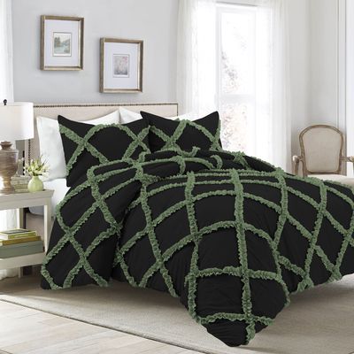 Kings Loft 5 Piece Luxury Two Tone Diamond Ruffle Pattern Comforter Set Premium Super Soft 550 GSM All Season 1000 TC 100% Egyptian Cotton Full/Queen Size Moss/Black Solid Color