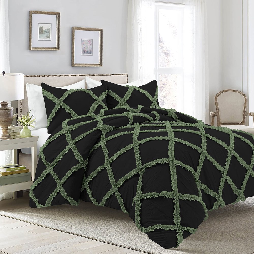 Kings Loft 5 Piece Luxury Two Tone Diamond Ruffle Pattern Comforter Set Premium Super Soft 550 GSM All Season 1000 TC 100% Egyptian Cotton Full/Queen Size Moss/Black Solid Color