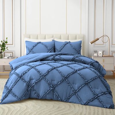3 Piece Diamond Ruffle Comforter Set 100% Egyptian Cotton 800 Thread Count Premium Hotal Quality 400GSM, Super King (116" x 98") Inches - Medium Blue Solid