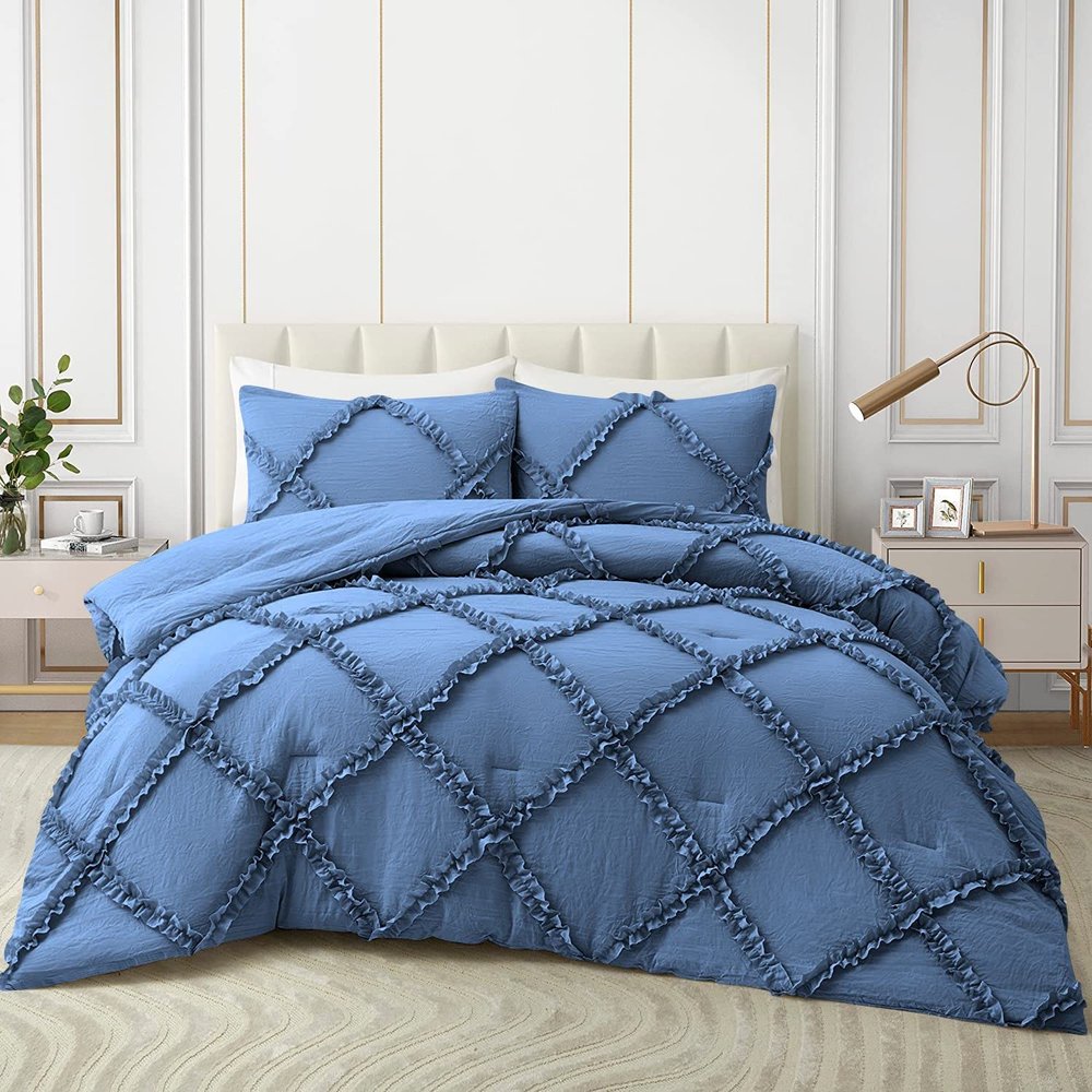 3 Piece Diamond Ruffle Comforter Set 100% Egyptian Cotton 800 Thread Count Premium Hotal Quality 400GSM, Super King (116" x 98") Inches - Medium Blue Solid
