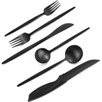 VANVRO 24 Pieces Matte Black Silverware Set with Steak Knives,Satin Finish tableware Cutlery Set for Home and Restaurant,Matte Knife Spoon and Fork Sets Service for 4,Dishwasher Safe