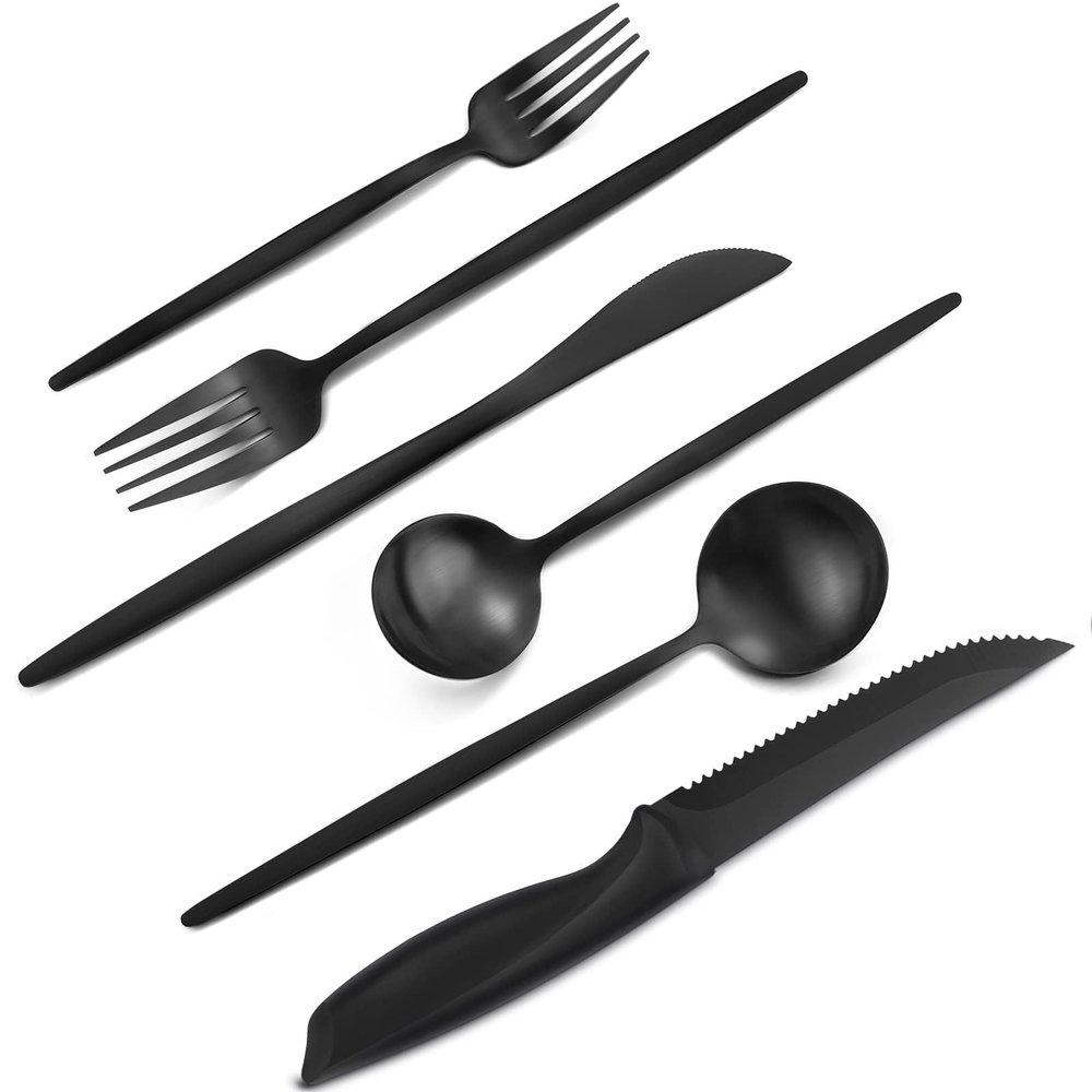 VANVRO 24 Pieces Matte Black Silverware Set with Steak Knives,Satin Finish tableware Cutlery Set for Home and Restaurant,Matte Knife Spoon and Fork Sets Service for 4,Dishwasher Safe