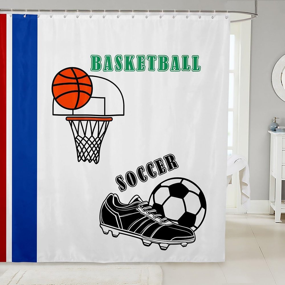 Ball Sports Games Kids Shower Curtains,Basketball Soccer Shoes Simple Chic Bathroom Curtains for Girls Boys Adults,Modern Fashion Red Blue White Waterproof Curtains,12 Hooks Suits,72" W x 78" L