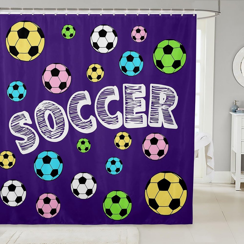 Soccer Kids Shower Curtains,Ball Sports Games Modern Fashion Bathroom Curtains for Girls Boys Adults,Geometric Honeycomb Chic Purple Colorful Waterproof Curtains,12 Hooks Suits,72" W x 78" L