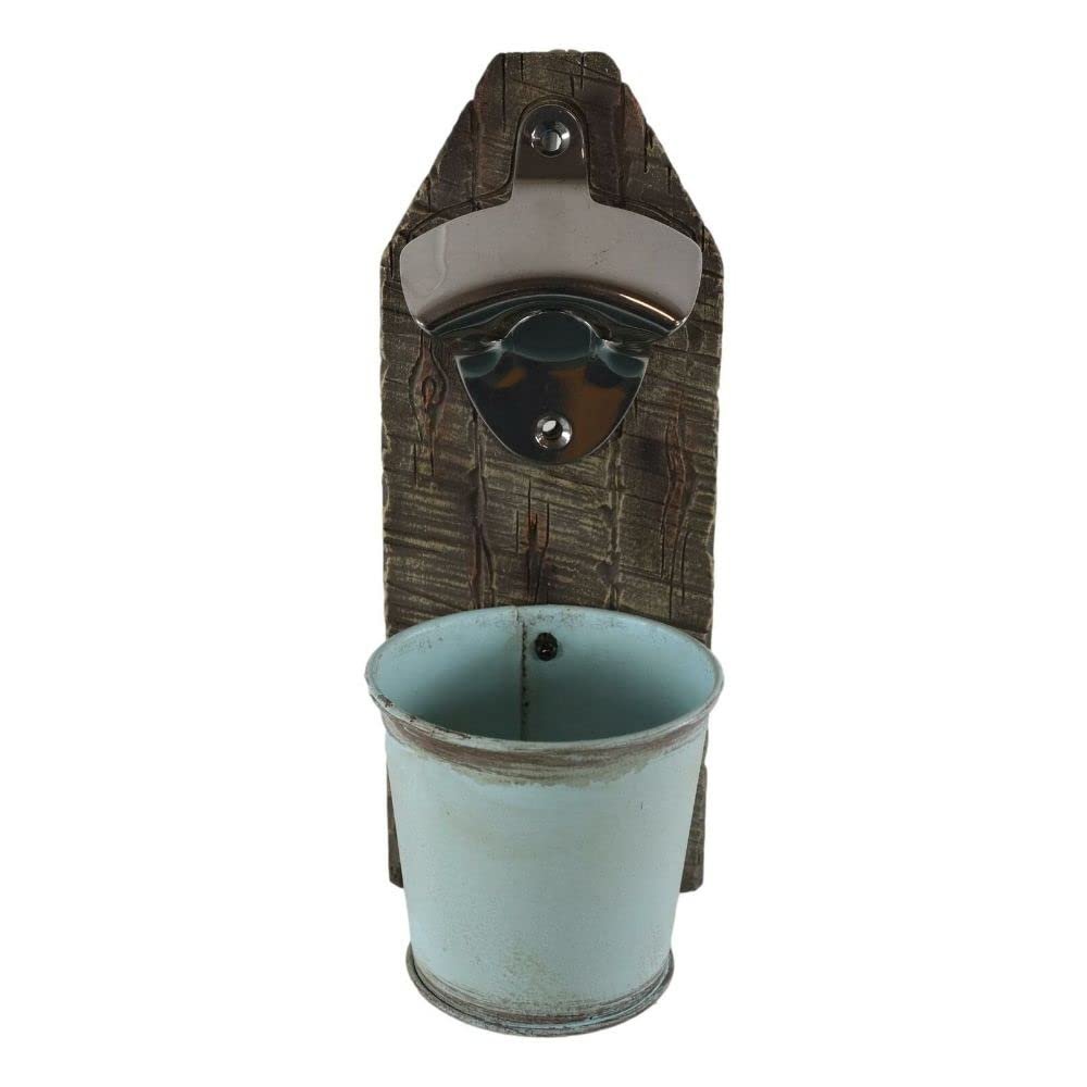 1 Pcs Of Rustic Western Wooden Wall Beer Bottle Opener With Vintage Bucket Pail
