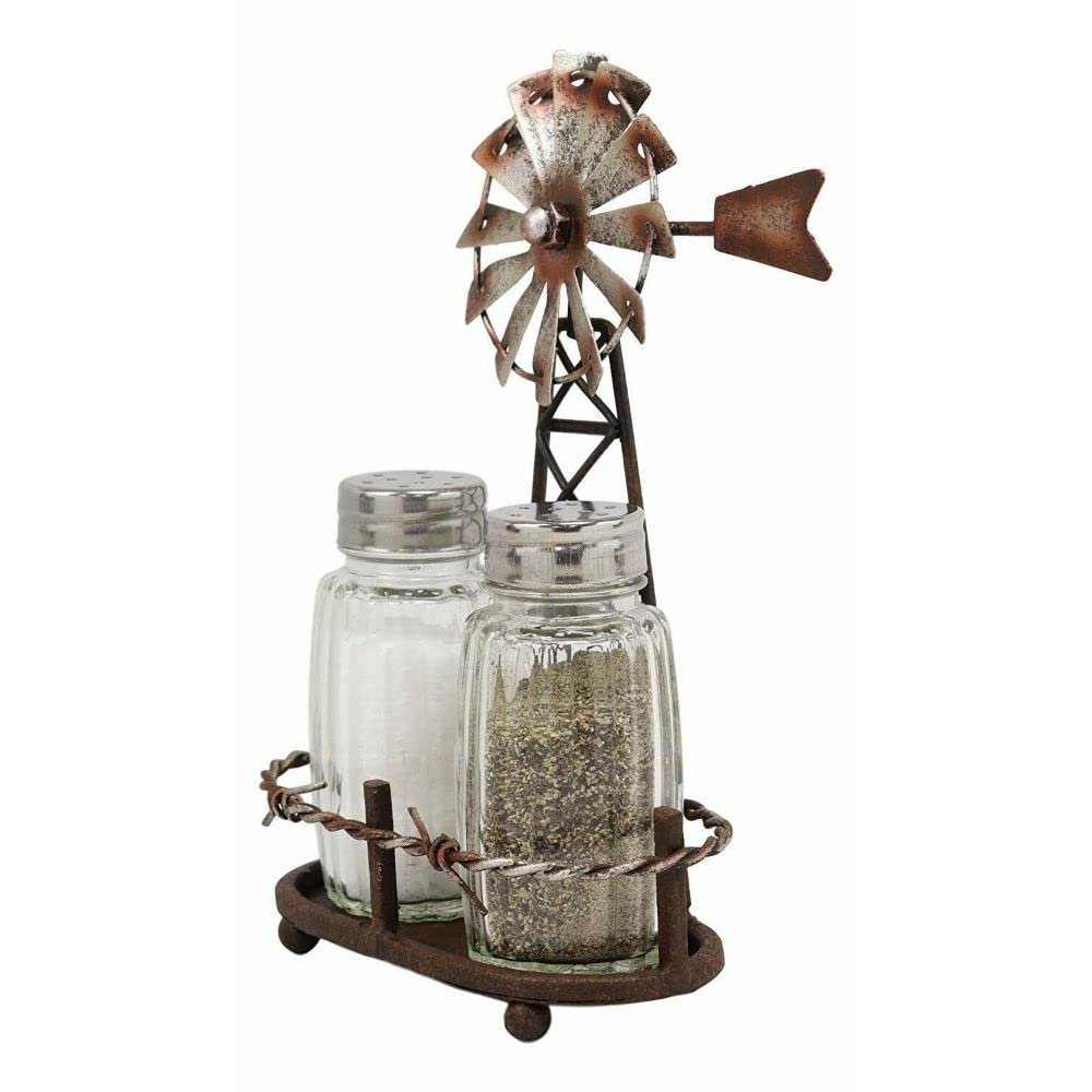 1 Set Of 6.5"H Rustic Country Farm Windmill Outpost Salt And Pepper Shakers