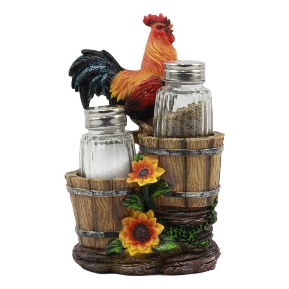 1 Set Of Crowing Rooster Standing On Fence Salt And Pepper Shakers Holder 6.5"H