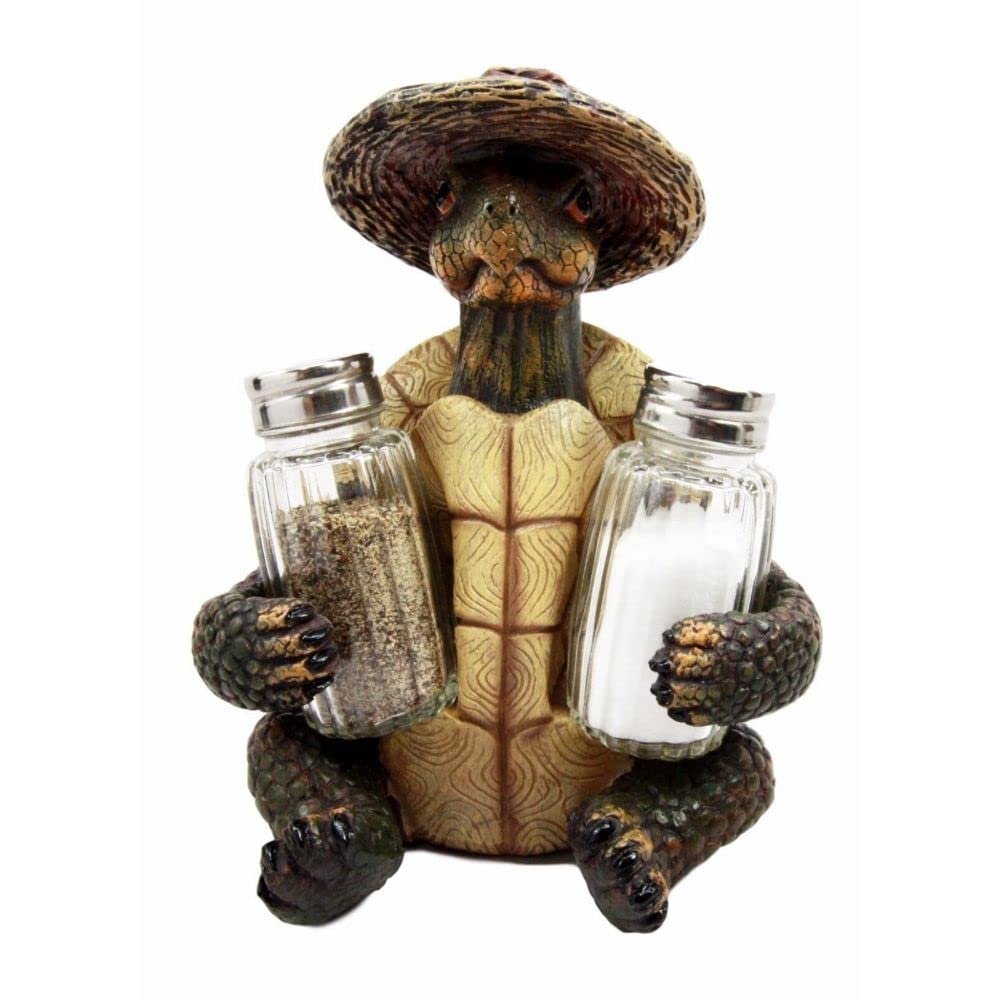 1 Set Of Slow Seasons Outgoing Turtle With Wicker Hat Salt Pepper Shakers Holder Figurine