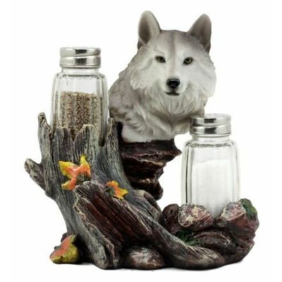 1 Set Of Full Moon Lone Alpha Gray Wolf Glass Salt & Pepper Shakers Holder Decor