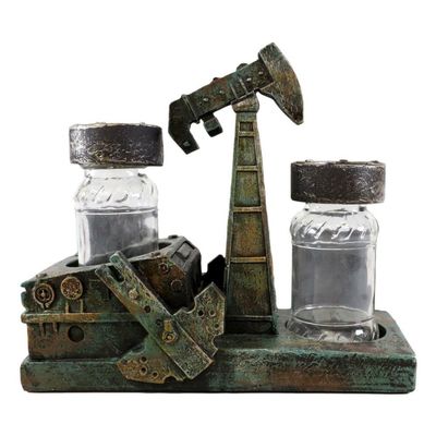 1 Set Of Rustic Vintage Oil Derrick Rig Pump Glass Salt And Pepper Shakers Holder Decor