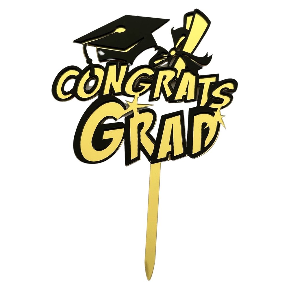Congrats Grad Cake Topper, Class of 2023 Graduation Cake Toppers Acrylic Gold Black Mirror for Graduation Party Cake Decorations (D)
