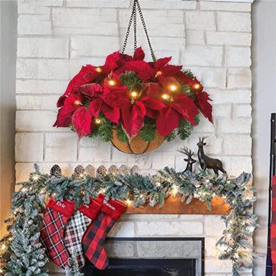 HEITIGN Pre Lit Christmas Hanging Basket Flocked with Mixed Decorations and LED Lights Artificial Frosted Berry Pine Cones for Christmas Outdoor Yard Decor