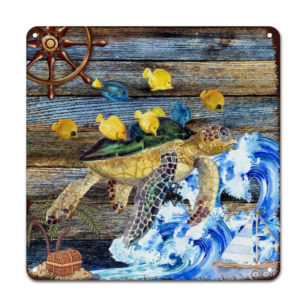 ArogGeld Nautical Coastal Sea Turtle Rudder Metal Sign Sea Wave Metal Wall Art Beach Themed Poster Wall Art Decor 10x10in Funny Wall Sign Decor for Man Cave Garage Far Bar Pub