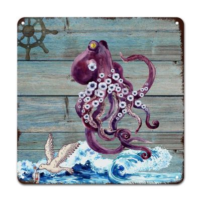 ArogGeld Rustic Octopus Rudder Seagull Tin Sign Sea Wave Metal Wall Art Beach Themed Home Wall Decoration 10x10in Mediterraneans Style Metal Wall Decor for Bedroom Cafe Bar Club Pub Garage