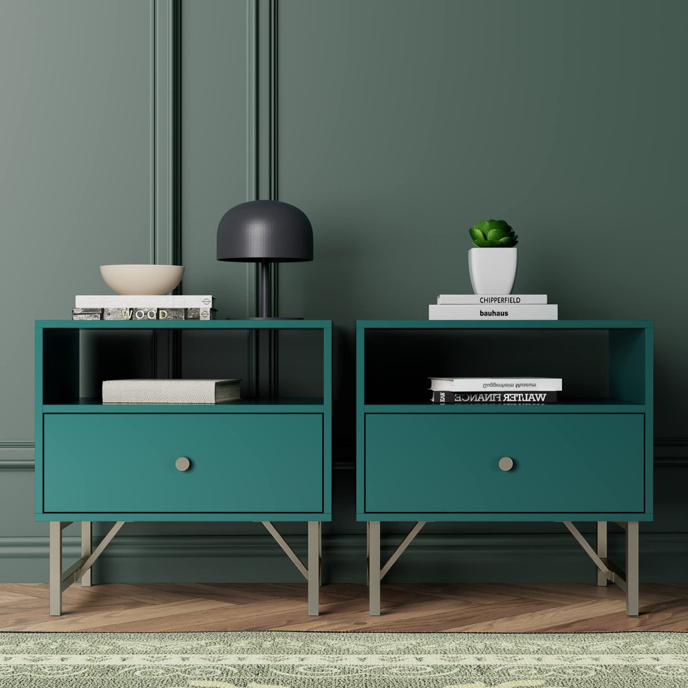 Aurorome Nightstand Set of 2, Modern Nightstand with Drawer, End Table with Storage, Side Table with Open Space, Bed Side Table for Bedroom, Side Table for Bedroom, Living Room, Green