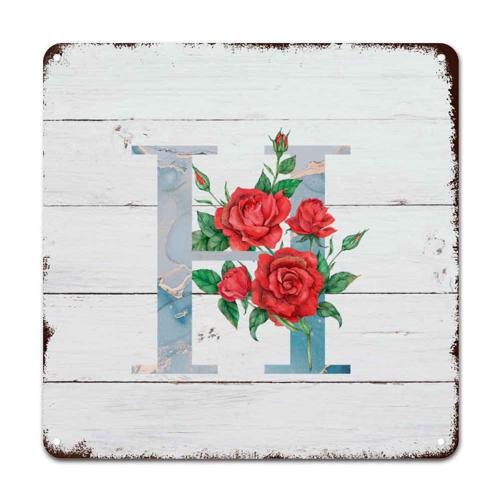ArogGeld Initial Letter H Tin Sign Monogram Red Floral Metal Wall Art Single Letter Home Wall Decoration Flowers Field 10x10in Country Wall Plaque Decor for Beer Club Bar Pub Cafe Man Cave