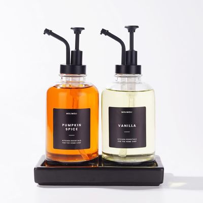Molimoli Coffee Syrup Dispenser - Glass Bottle with Pump, Maple/Coffee Syrup, Labels and Tray