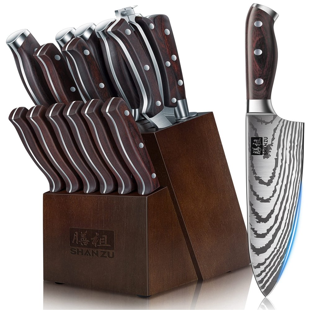 SHAN ZU Knife Set 16 pcs, Japanese Kitchen Knife with Block High Carbon Stainless Steel Ultra Sharp Knife for Kitchen, Professional Chef Knife Set with Sharpener