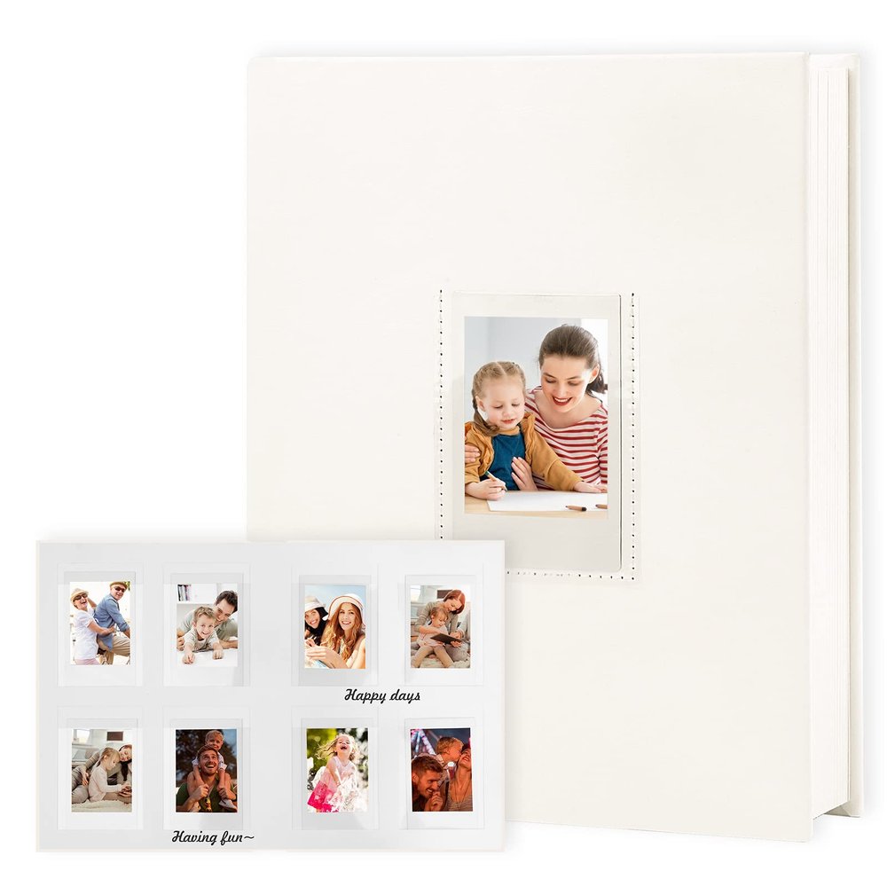 Veicevol Photo Album with Writing Space for Fujifilm Instax Mini 12 11 9 40 90 8 7 Evo Liplay Instant Camera, 128 Pockets Photo Album for Polaroid, Leather Cover Handmade Paper 2x3 Photo Album.(White)