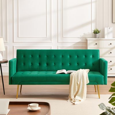 Anwickhomk 72" Velvet Futon Sofa Bed,Convertible Folding Sleeper Couch Bed,Modern Tufted Recliner Loveseat with Golden Chrome Legs for Small Living Spaces,Bedroom Dorms Office (Green)