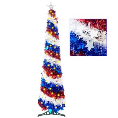 5Ft Pop up Christmas Tree 4th of July Patriotic Decorations Tree with 100 Lights, Artificial Collapsible Star Sequins Christmas Tree for Indoor Outdoor Independence Day Patriotic Party Decorations