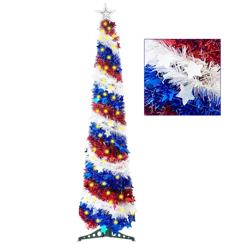5Ft Pop up Christmas Tree 4th of July Patriotic Decorations Tree with 100 Lights, Artificial Collapsible Star Sequins Christmas Tree for Indoor Outdoor Independence Day Patriotic Party Decorations