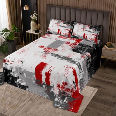 Feelyou Abstract Quilted Coverlet Modern Abstract Art Bedspread for Boys Girls Children Red Grey Black Pattern Coverlet Set Room Decor King Size Quilted 3Pcs