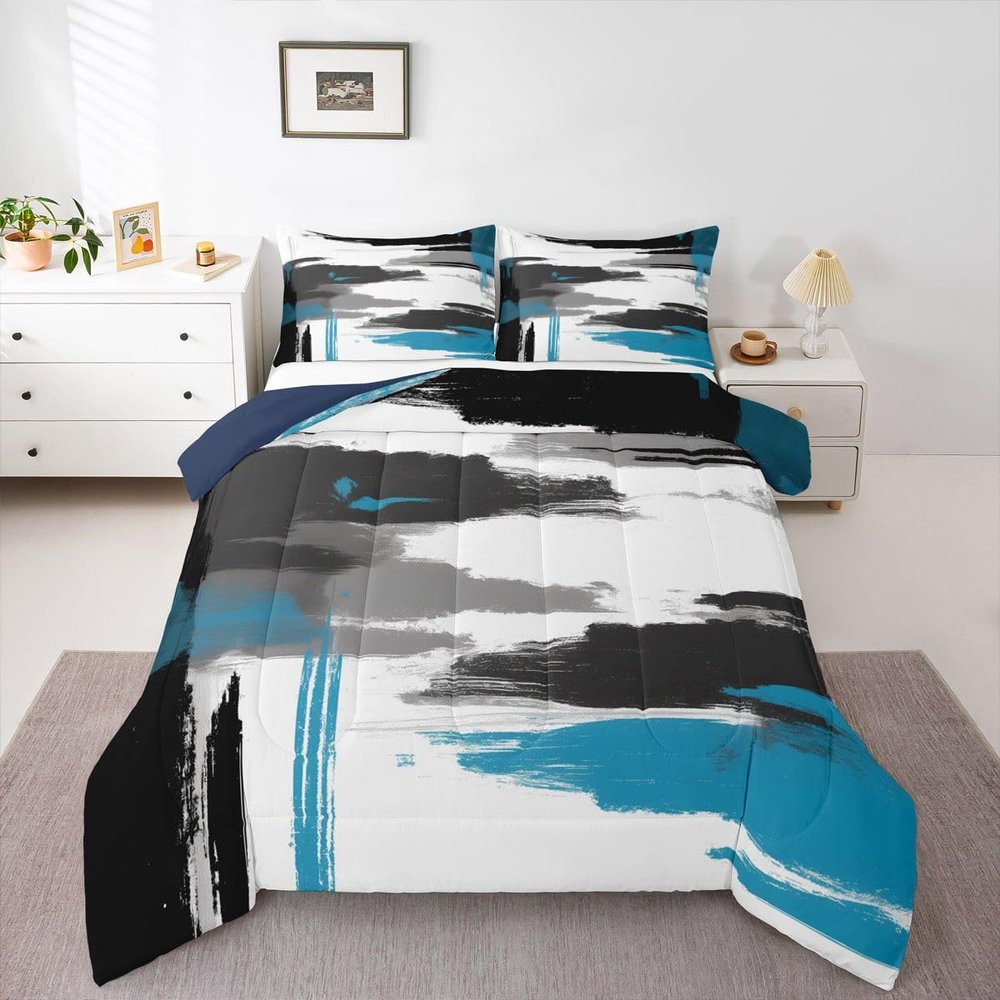 Feelyou Abstract Comforter Modern Abstract Art Comforter Set for Boys Girls Children White Grey Blue Pattern Bedding Set Room Decor Full Size Duvet Set 3Pcs