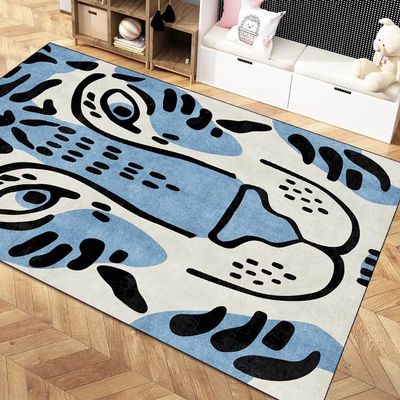 Blue Cartoon Tiger Rug for Living Room 4x6 ft Vintage Boho Carpet for Bedroom Washable Funky Boys Room Non-Slip Cute Abstract Modern Floor Mats