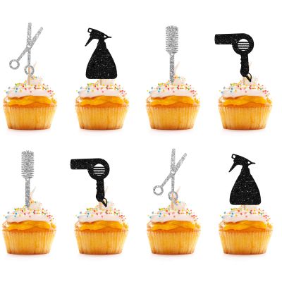 Barbershop Cupcake Toppers, Black & Sliver Glitter Makeup Barber Birthday Cupcake Picks, Cake Decorations for Haircut Salon/Bridal Shower Party - 24pcs