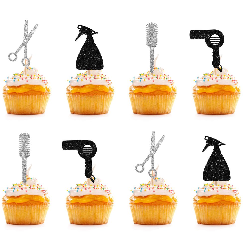 Barbershop Cupcake Toppers, Black & Sliver Glitter Makeup Barber Birthday Cupcake Picks, Cake Decorations for Haircut Salon/Bridal Shower Party - 24pcs