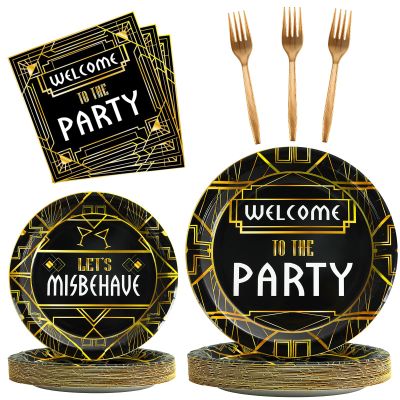 100 Pcs Roaring 1920s Party Decorations, Speakeasy Misbehave Black Gold Birthday Party Decors Art Dcor Retro Murder Mystery Party Supplies for 1920s Vintage Flapper Wedding Supplies Serve 25