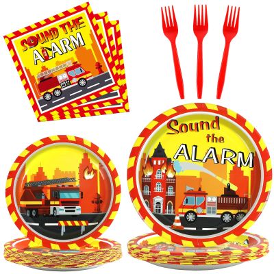 100 Pcs Firetruck Birthday Party Decorations Fireman Plates and Napkins for Firefighter Party Supplies Fire Truck Birthday Theme Disposable Dinnerware Set for Kids Fireman Party Favors Serve 25