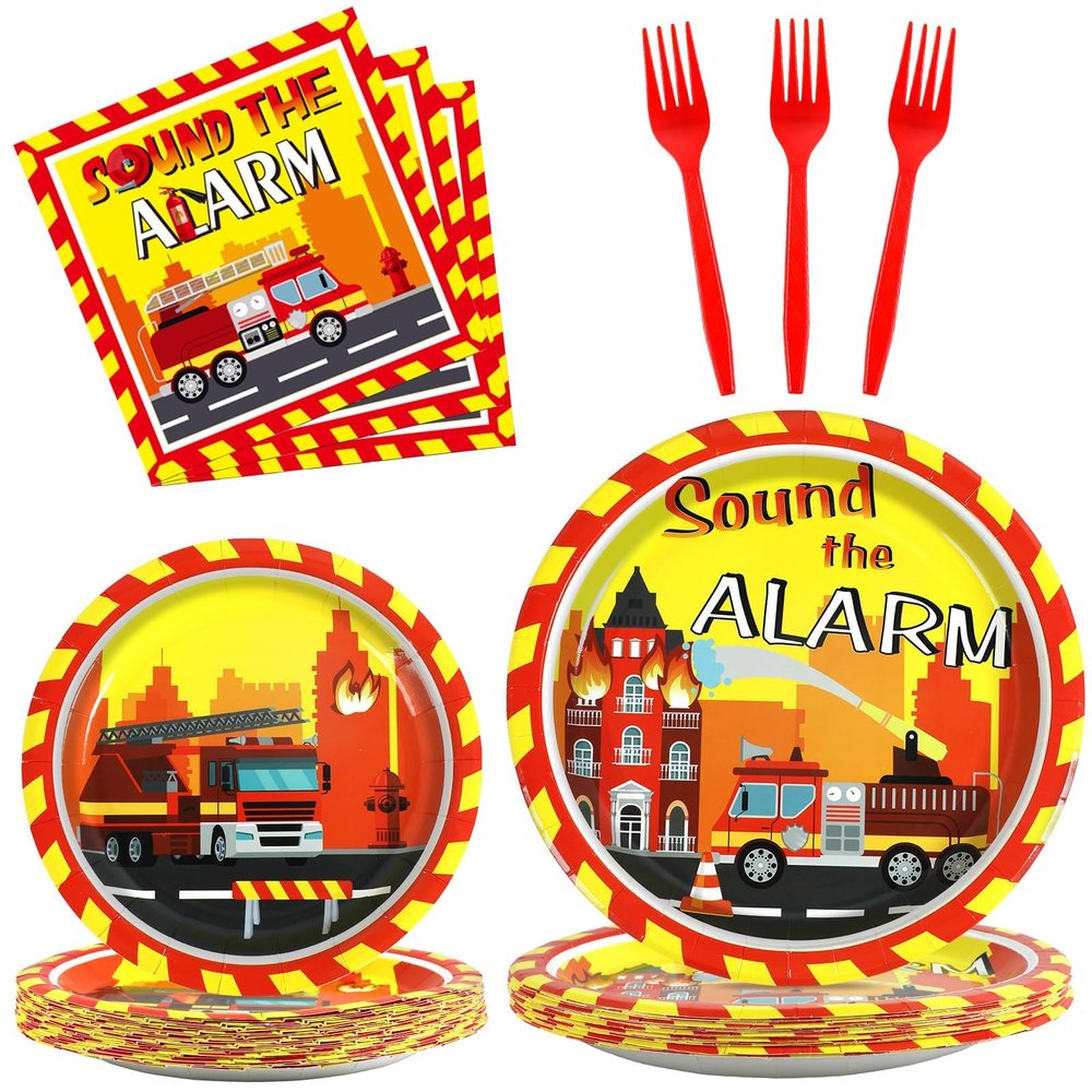 100 Pcs Firetruck Birthday Party Decorations Fireman Plates and Napkins for Firefighter Party Supplies Fire Truck Birthday Theme Disposable Dinnerware Set for Kids Fireman Party Favors Serve 25