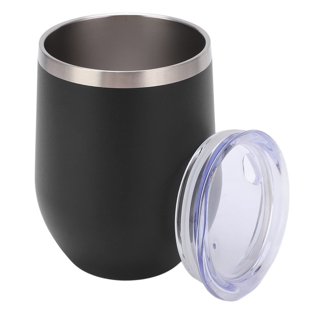 BestAlice Stainless Steel Wine Tumblers, 12oz Double Wall Vacuum Insulated Wine Cups with Lids, Stemless Wine Glass Travel Tumbler for Coffee Cocktails Ice Cream(Black)