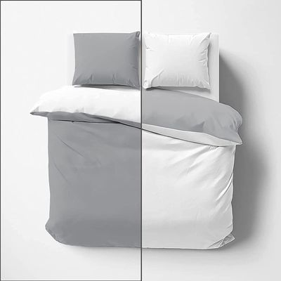 5 Pieces Luxury Reversible Duvet Cover - 1 Reversible Duvet Cover with Zipper and 4 Matching Pillowcases, 400TC 100% Egyptian Cotton - Light Grey & White Solid, Full Size.
