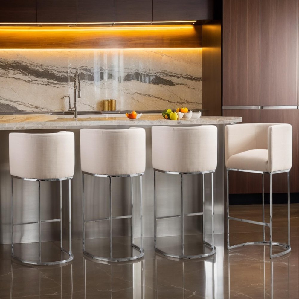 RIVOVA Contemporary Linen Bar Stools Set of 4, 29" Upholstered Fabric Counter Height Barstools Kitchen Counter Island Stools with Screwed Together Chrome Finish Base, Cream