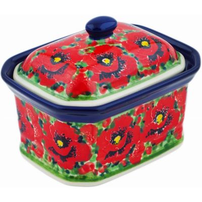 Polmedia Polish Pottery Mini Cake Box 4", Salt Box, UNIKAT - Savvy Scarlet Pattern Handmade in Boleslawiec Poland by Ceramika Artystyczna + Certificate of Authenticity