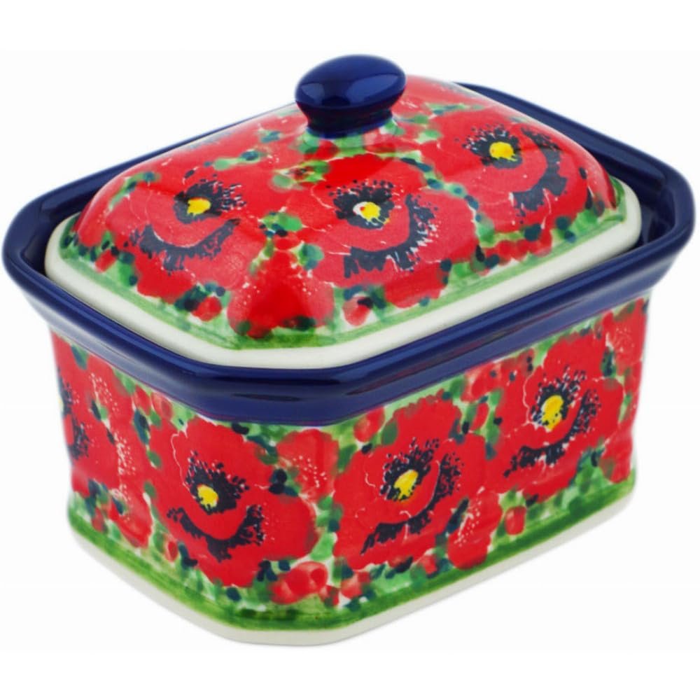 Polmedia Polish Pottery Mini Cake Box 4", Salt Box, UNIKAT - Savvy Scarlet Pattern Handmade in Boleslawiec Poland by Ceramika Artystyczna + Certificate of Authenticity