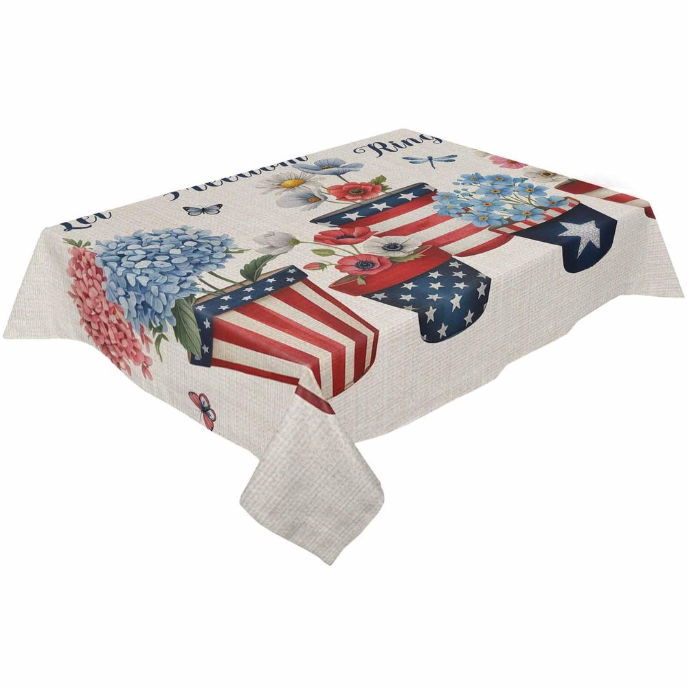 4th of July Rectangle Tablecloths 60x90, Spring Flower Freedom Patriotic Memorial Day Table Cloth Wrinkle Free Table Cover Indoor/Outdoor Tabletop Decor for Wedding Holiday Party Dinner Baby Shower