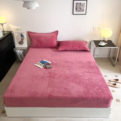 FCLDESHOP Elastic All Around,Thick Warm Coral Fleece Bed Sheet, Winter Solid Color Non-Slip Mattress Topper Single Double King Size Bed,Rose Red,150 * 200cm