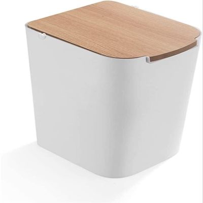 TATSEN Trash can Wooden Cover Square Trash Can Press Large Capacity Trash Basket Plastic Storage Bucket Household Hotel Office White Green White