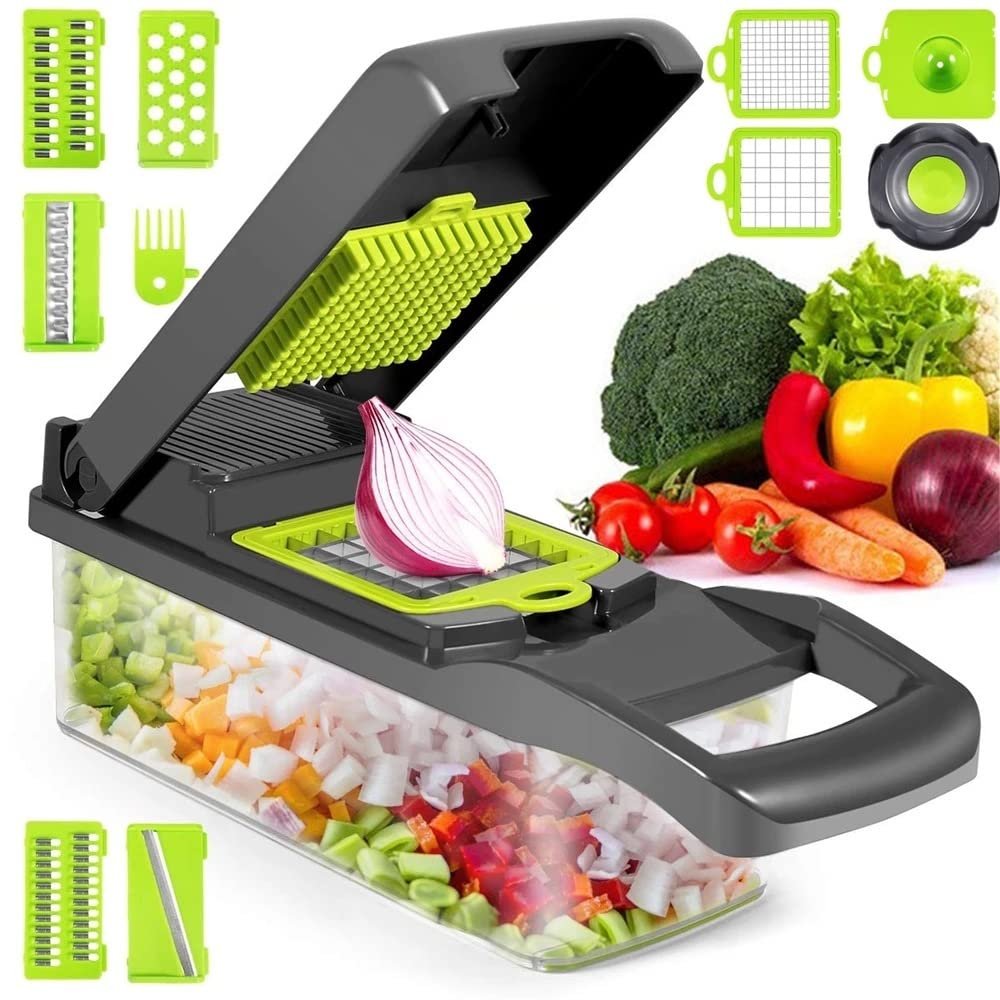 12 in 1 Multifunctional Vegetable Cutter Shredders Slicer With Basket Fruit Potato Chopper Carrot Grater Slicer Mandoline (Color : Green)