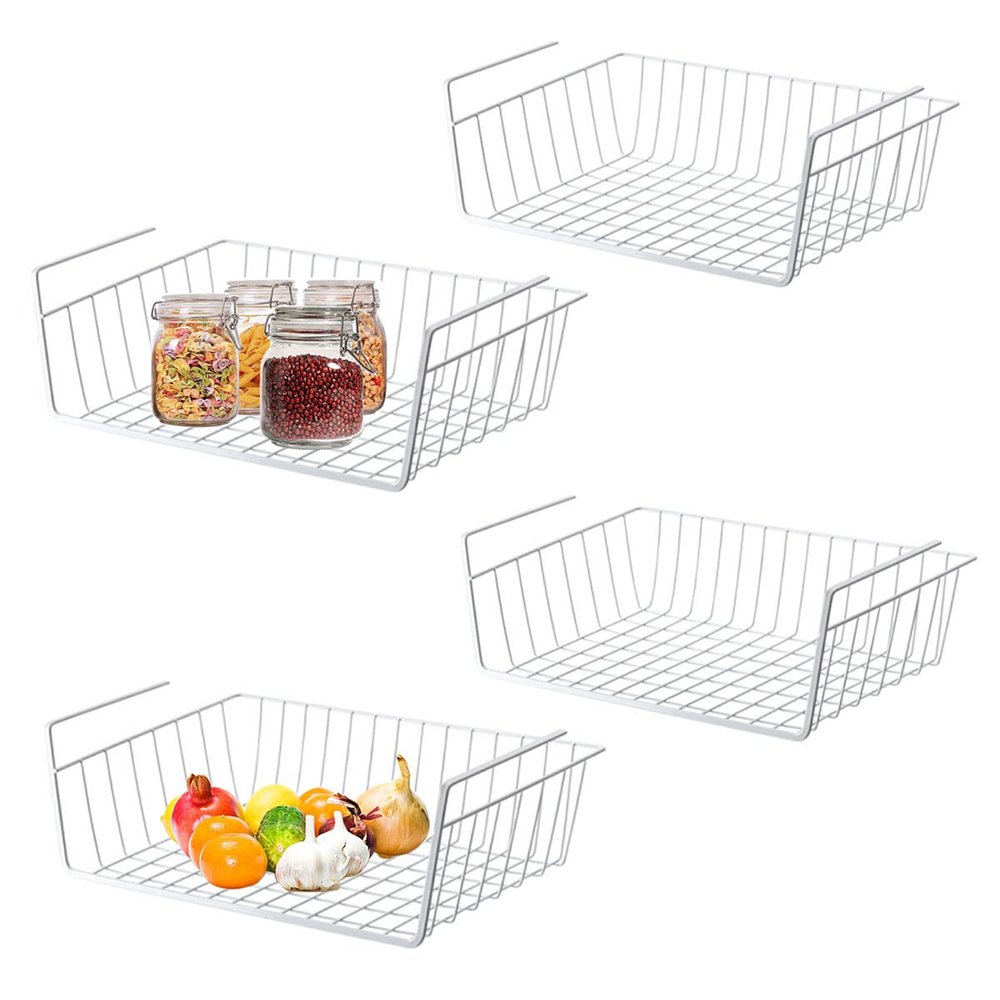 Under Shelf Storage Basket, Hanging Shelf Basket Slides Under Shelves for Storage Metal Under Cabinet Shelf Basket Organizer for Kitchen Pantry Desk Bookshelf (White Pack of 4)