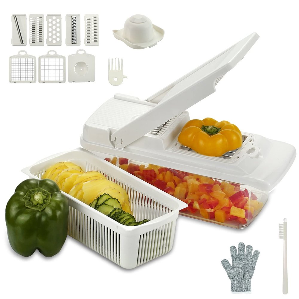 12 in 1 Multifunctional Vegetable Cutter Shredders Slicer With Basket Fruit Potato Chopper Carrot Grater Slicer Mandoline (Color : White-Upgrade)