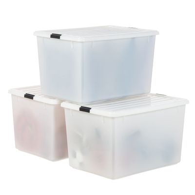IRIS USA 144 Qt Stackable Plastic Storage Bins with Lids, 3 Pack - BPA-Free, Discreet Organizing Solution, Latches, Durable Nestable Containers, Secure Pull Handle, Made in USA - Pearl